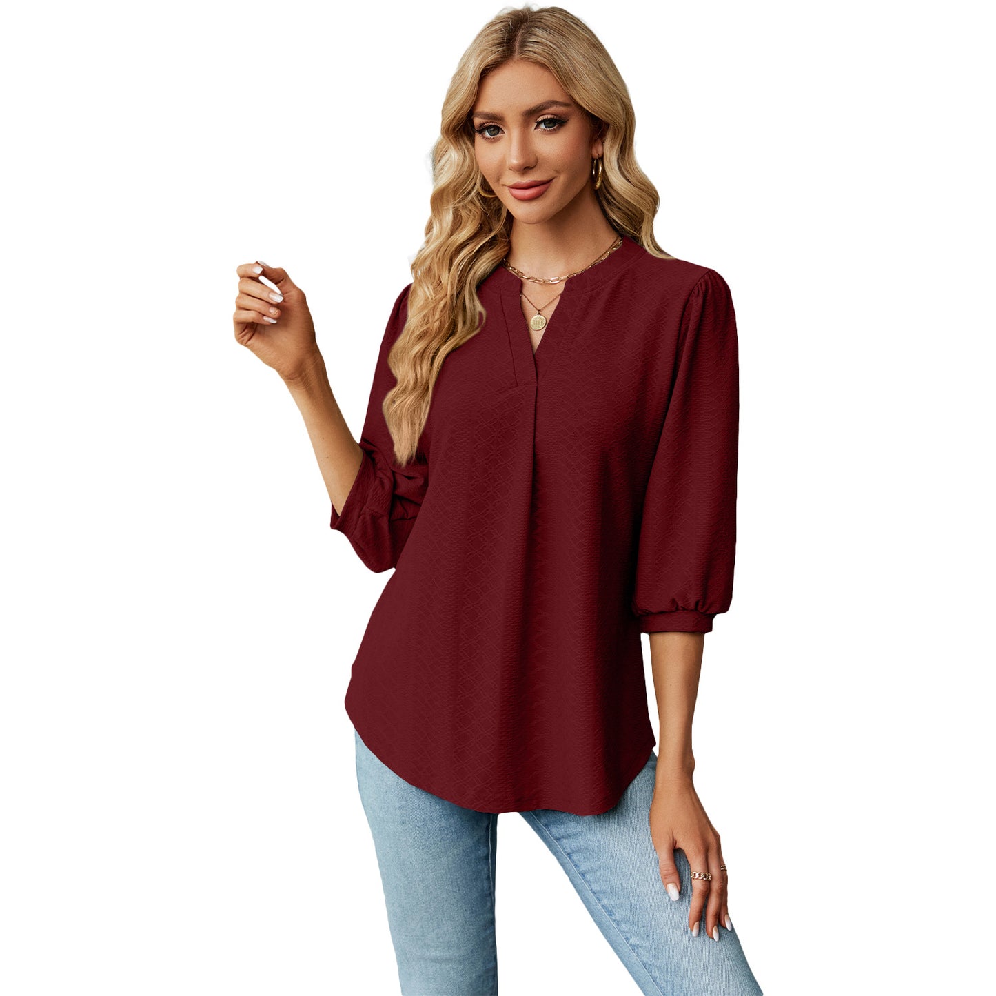 Autumn and Winter new solid color and V-neck jacquard 3/4 sleeve loose-fitting T-shirt top women