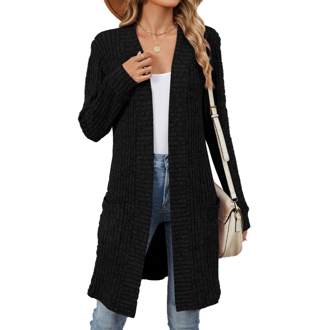 Autumn and Winter long solid color long sleeve loose pockets cardigan coat women's clothing