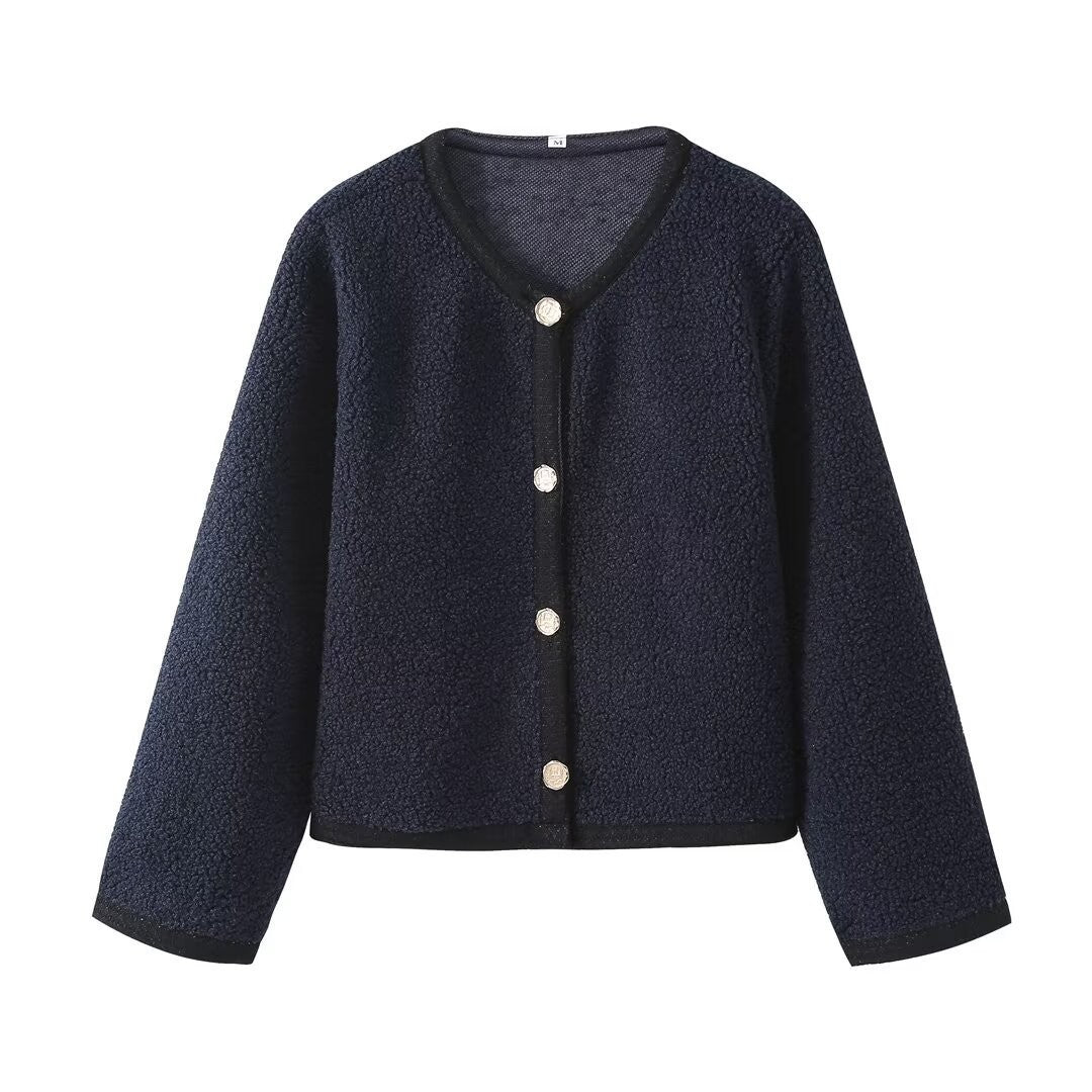 Autumn and winter women's solid color classic style knitted cardigan short woolen coat