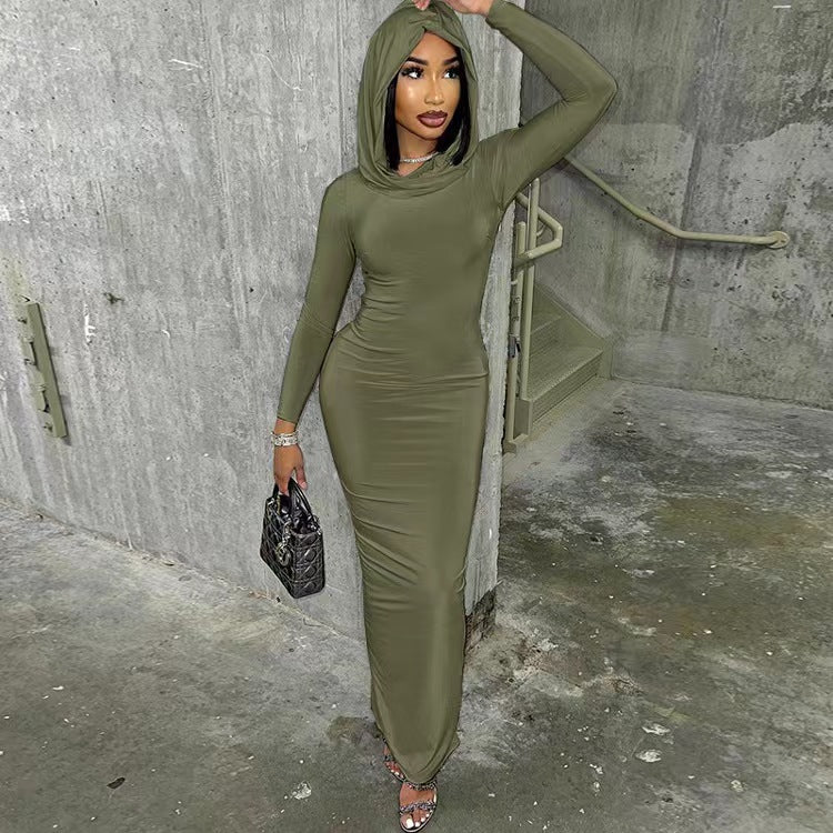 Hooded pure color tight dress long one-step hip skirt long sleeve pullover skirt for women