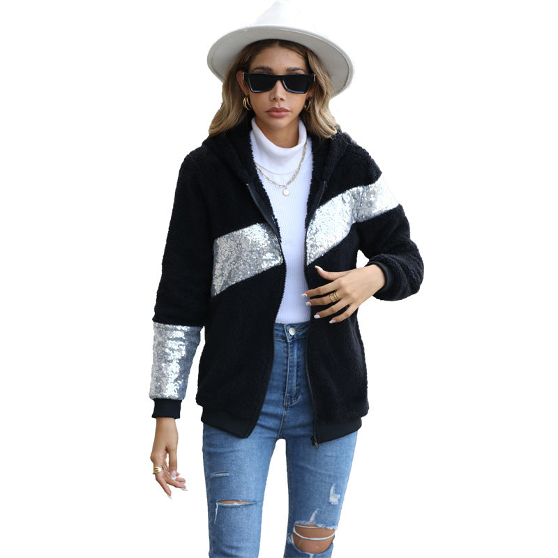 Plush women's casual hooded long sleeve sequin stitching zipper double-sided velvet cardigan coat autumn