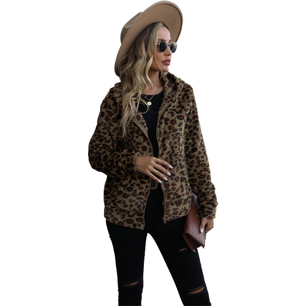 Autumn winter women's wear hooded long sleeve loose zip animal pattern flannel casual coat
