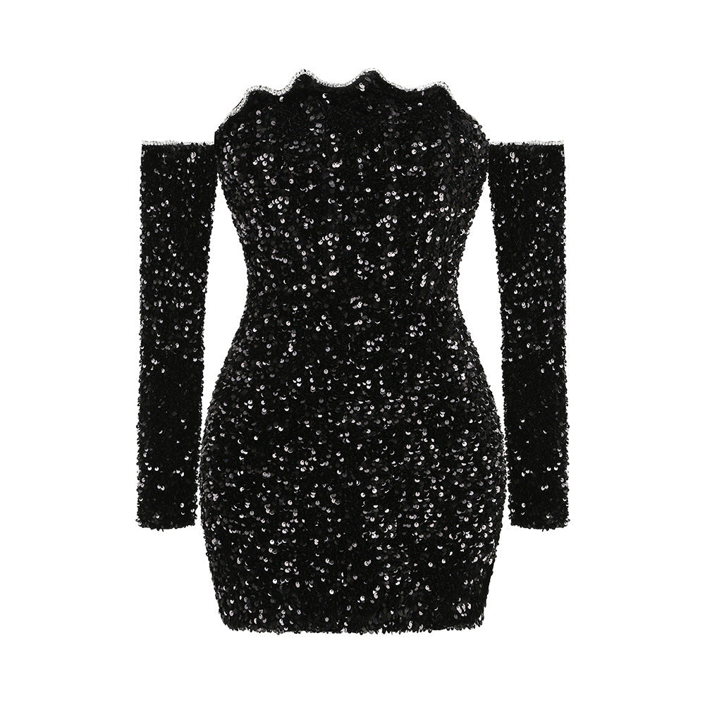 Women SexyClassic Black Off-Shoulder Sequined Long Sleeve Dress
