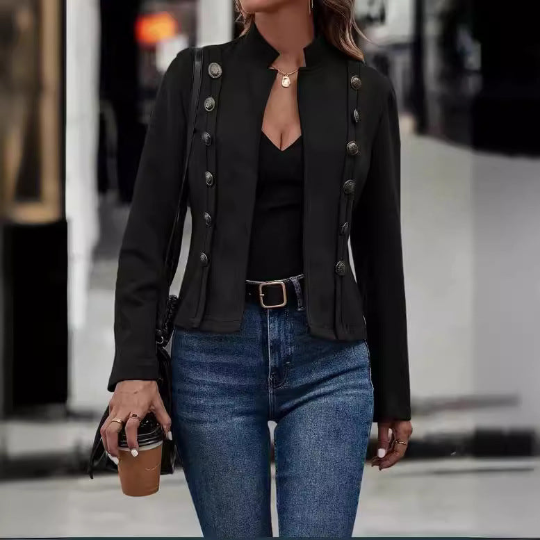 2024 solid color jacket double row metal buckle deerskin velvet retro long sleeve coat for women