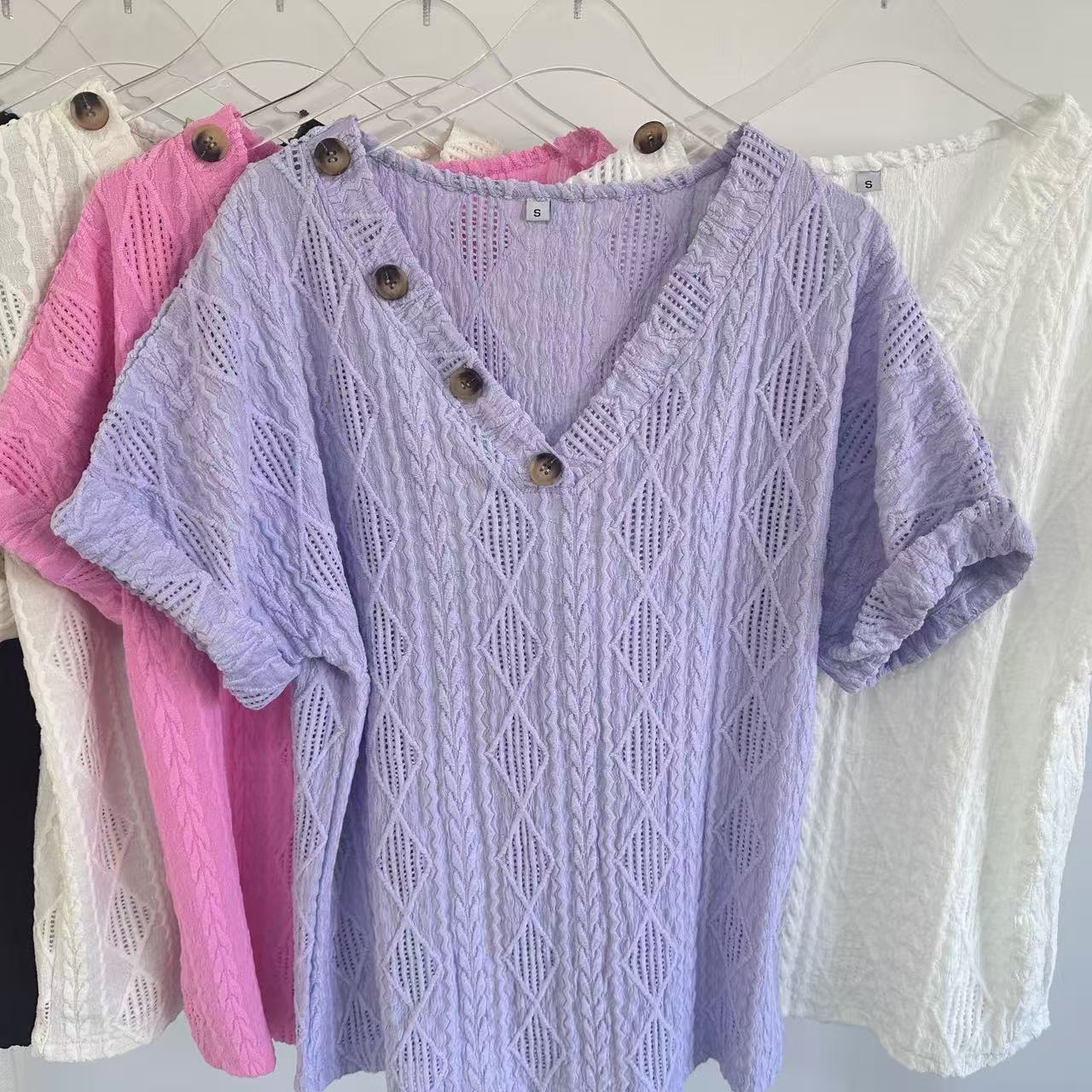 2025 Spring and Summer V-neck jacquard hollow loose short sleeves