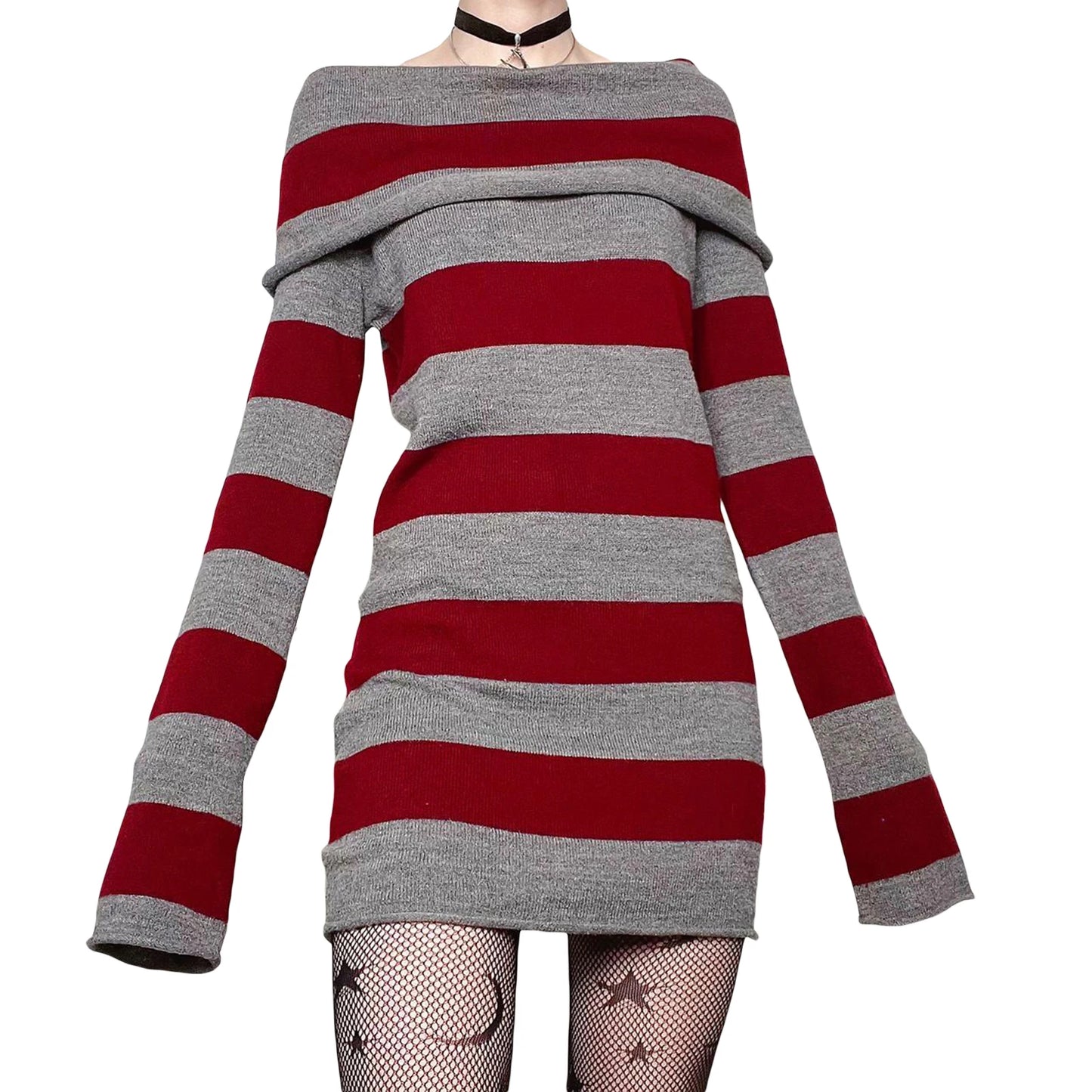 Women Striped Mini Bodycon Dress Stripe Boat-Neck Off Shoulder Long Sleeve Short Dress Spring Autumn Wrapped Hip Party Dress