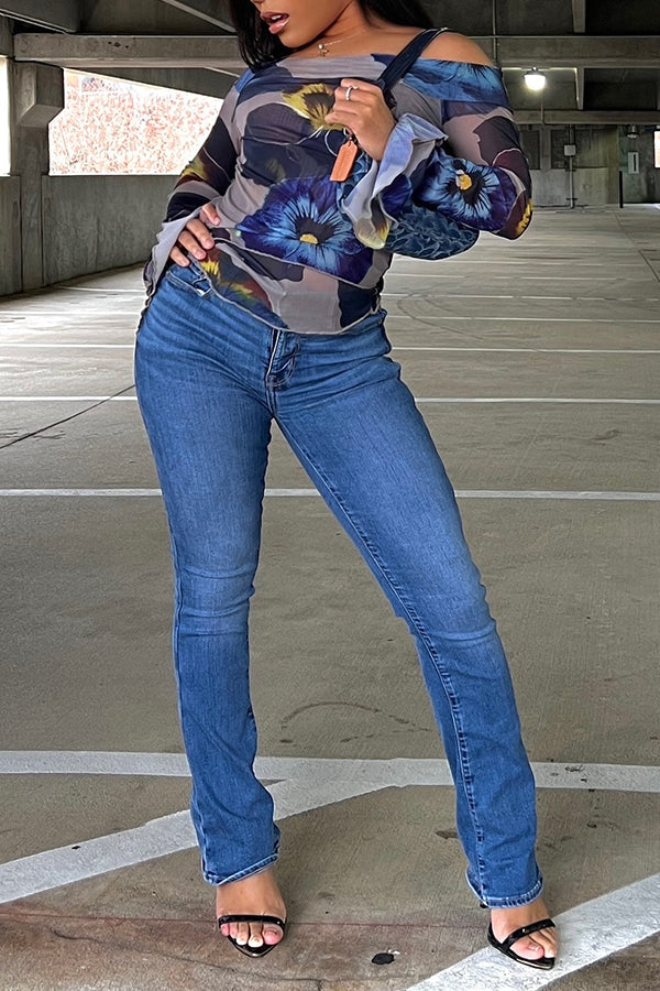 Chic One Shoulder Floral Print Stretch Blouse