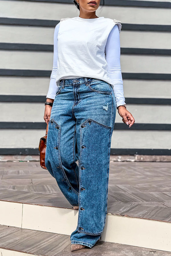 Fashion Patchwork Buttons Denim Pants