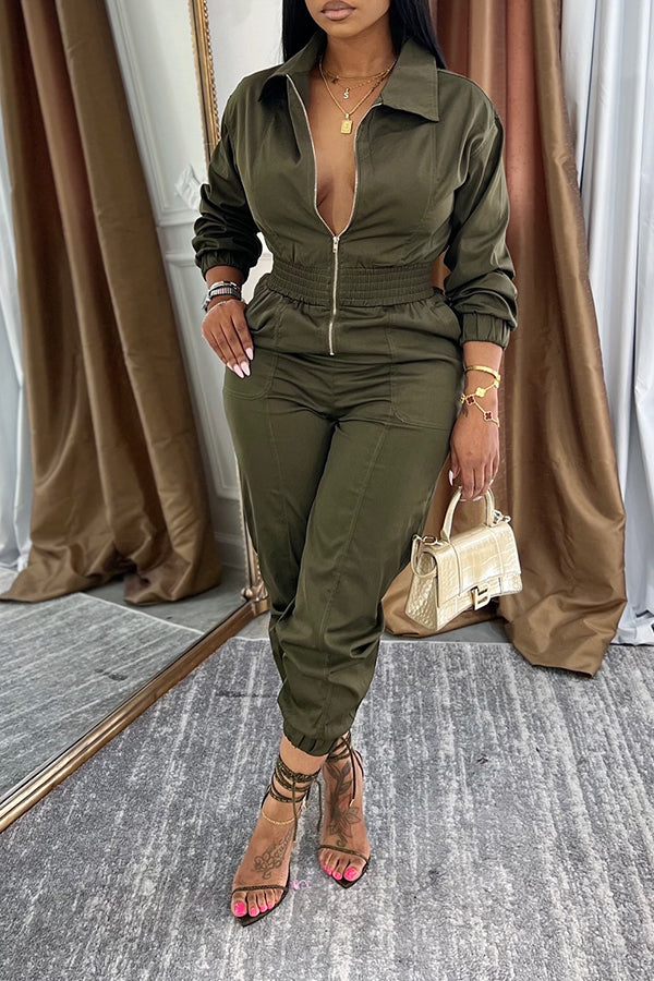 Casual Shirt Collar Zip Up Tapered Jumpsuit