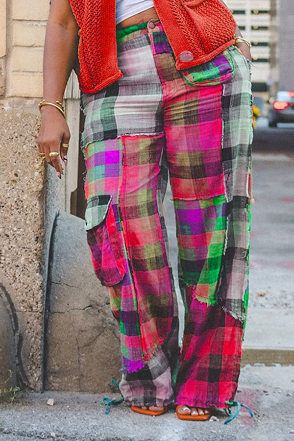 Designer Plaid Color Blocked Straight Leg Pants