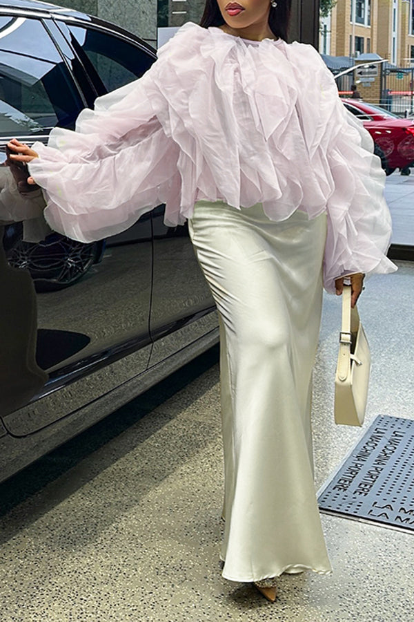 Chic Pink Ruffled Mesh Long Sleeved Shirt