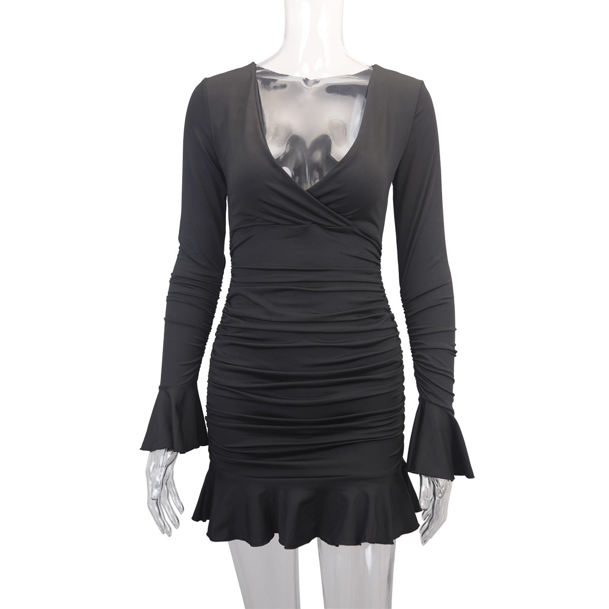 Sexy dress deep V-neck ruffle pleated bodycon women dresses