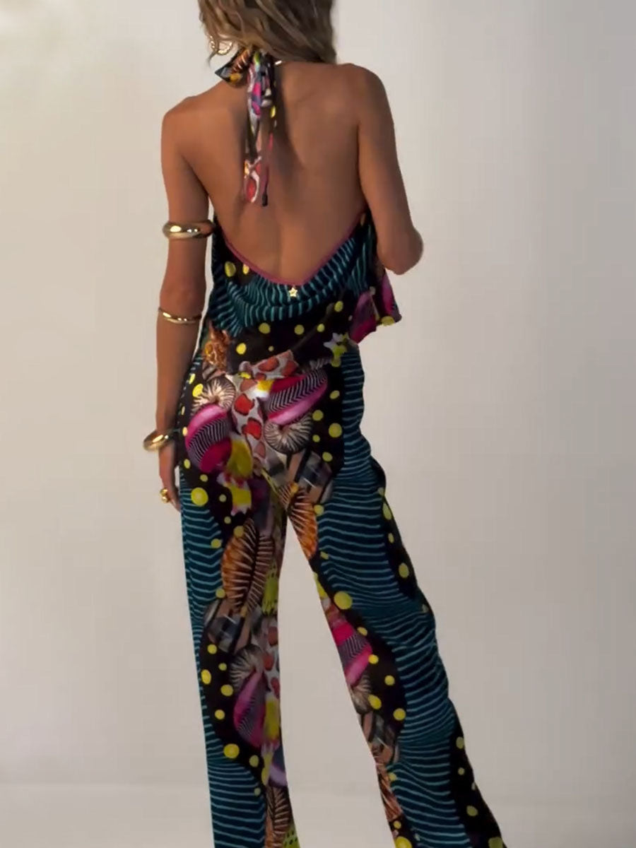 Abstract printed backless slim fit two-piece set