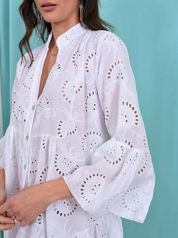 A-Line Flared Sleeves Buttoned Hollow Solid Color Split-Joint V-Neck Mini Dresses