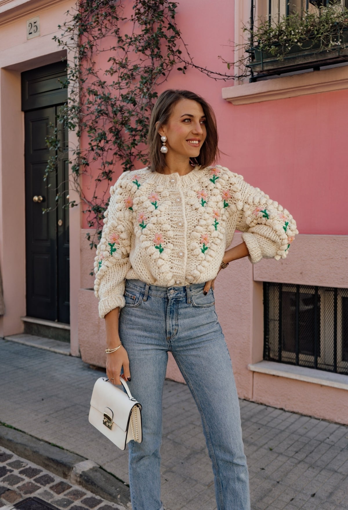 Pom Knit Cardigan Sweater