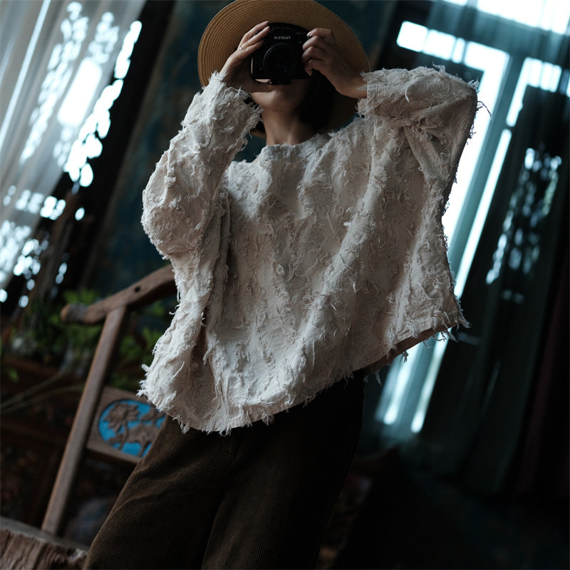Versatile Cotton Linen Tassel Long Sleeve Blouse