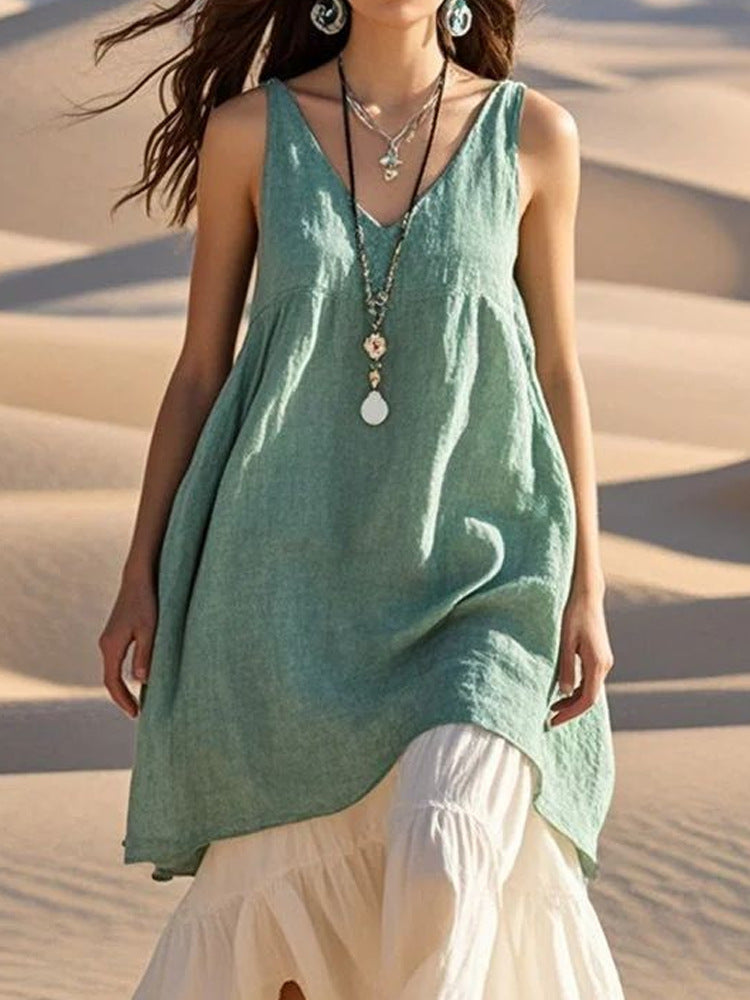Solid Color Sleeveless V-Neck Beach Dress