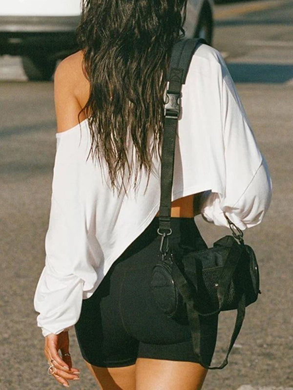 Long Sleeves Loose Solid Color One-Shoulder T-Shirts Tops