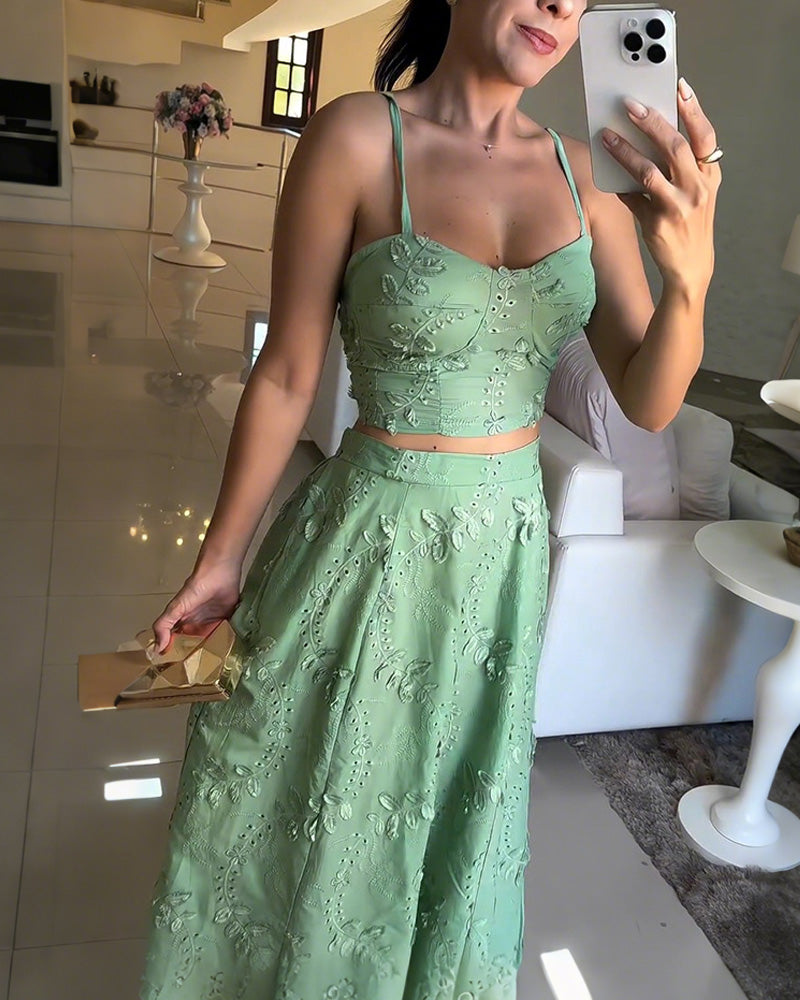 Floral Jacquard Strap Top Skirt Two-Piece Set