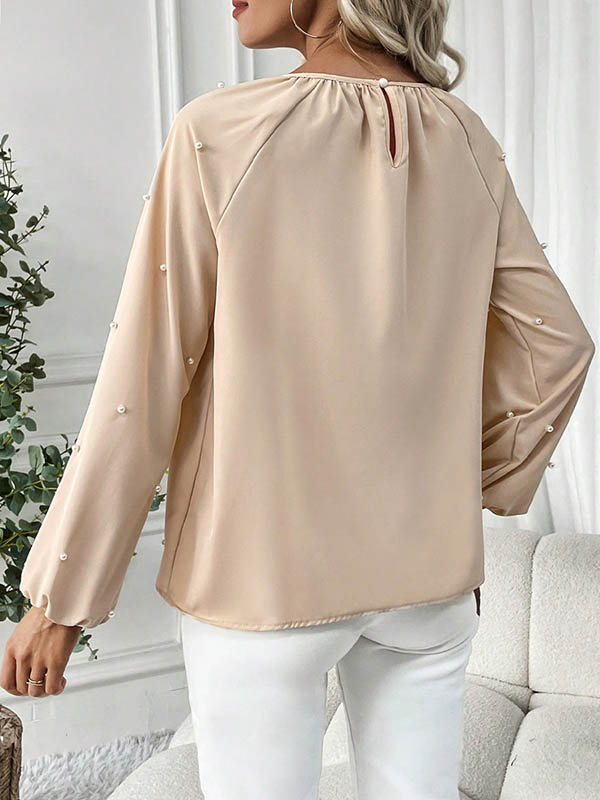 Long Sleeves Loose Beaded Elasticity Pleated Solid Color Round-Neck Blouses&Shirts Tops