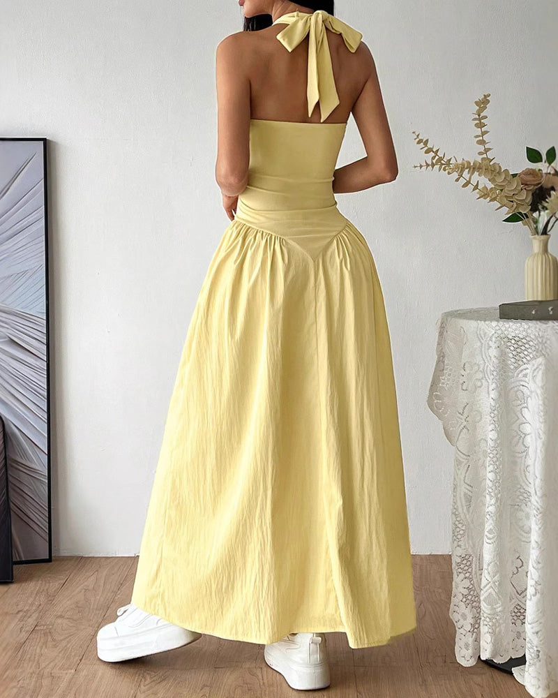 Solid Color Neck Lace-up Dress