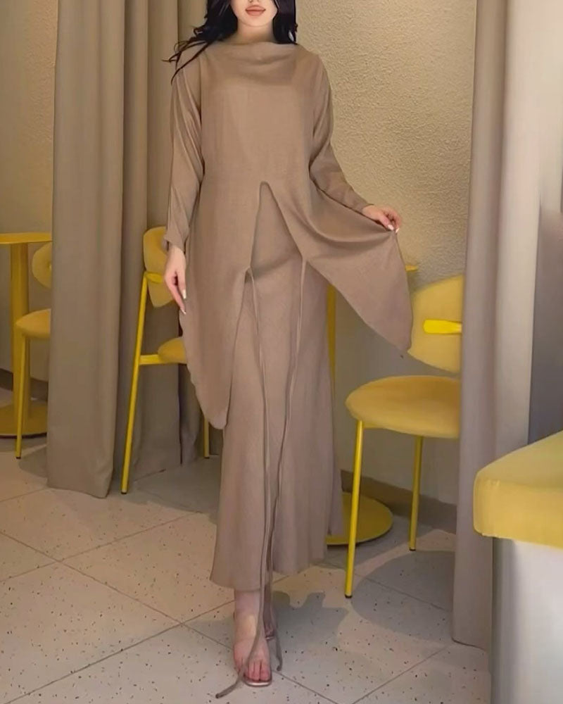 Elegant Long-Sleeve Lace-Up Top & Skirt Two-Piece Set