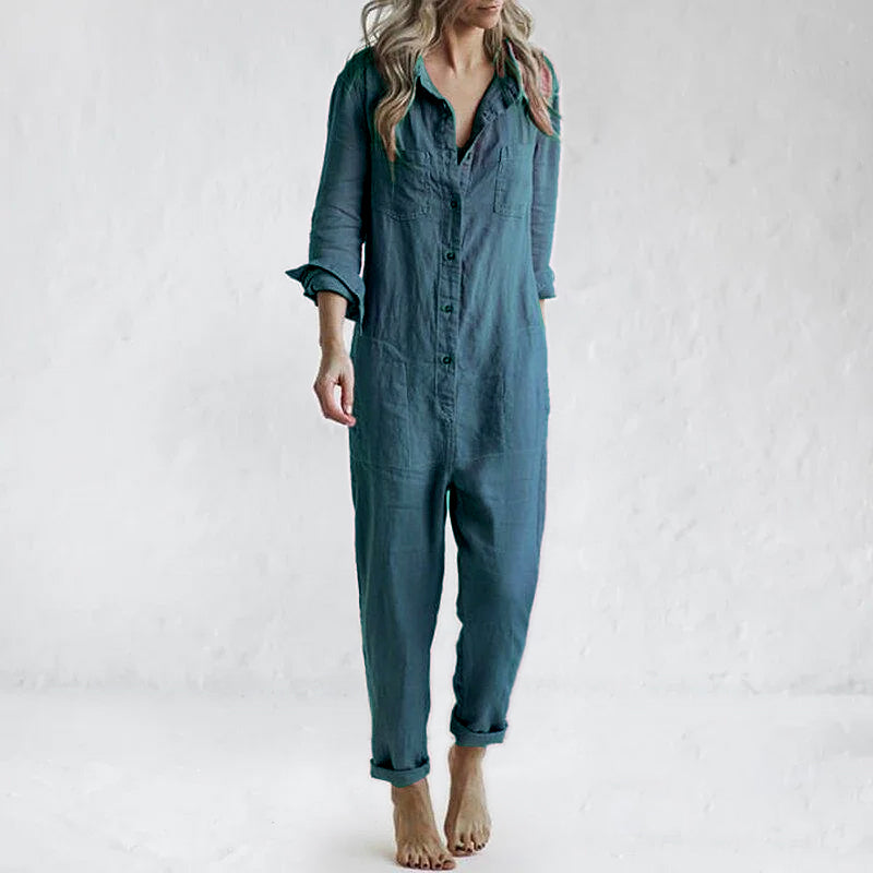 Casual lapel pocket long sleeve solid color cotton jumpsuit