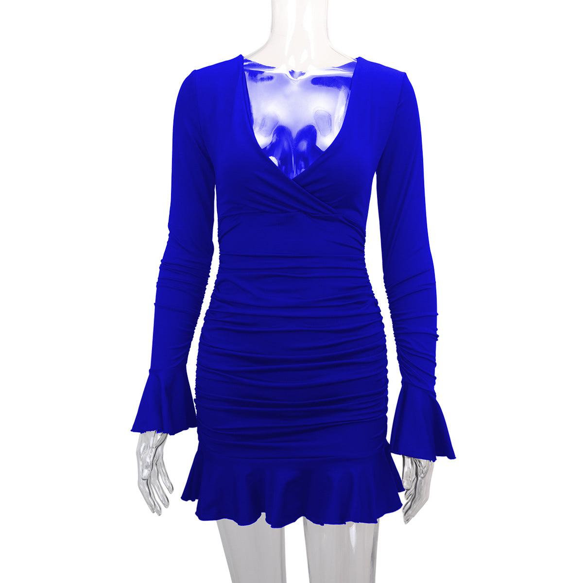 Sexy dress deep V-neck ruffle pleated bodycon women dresses
