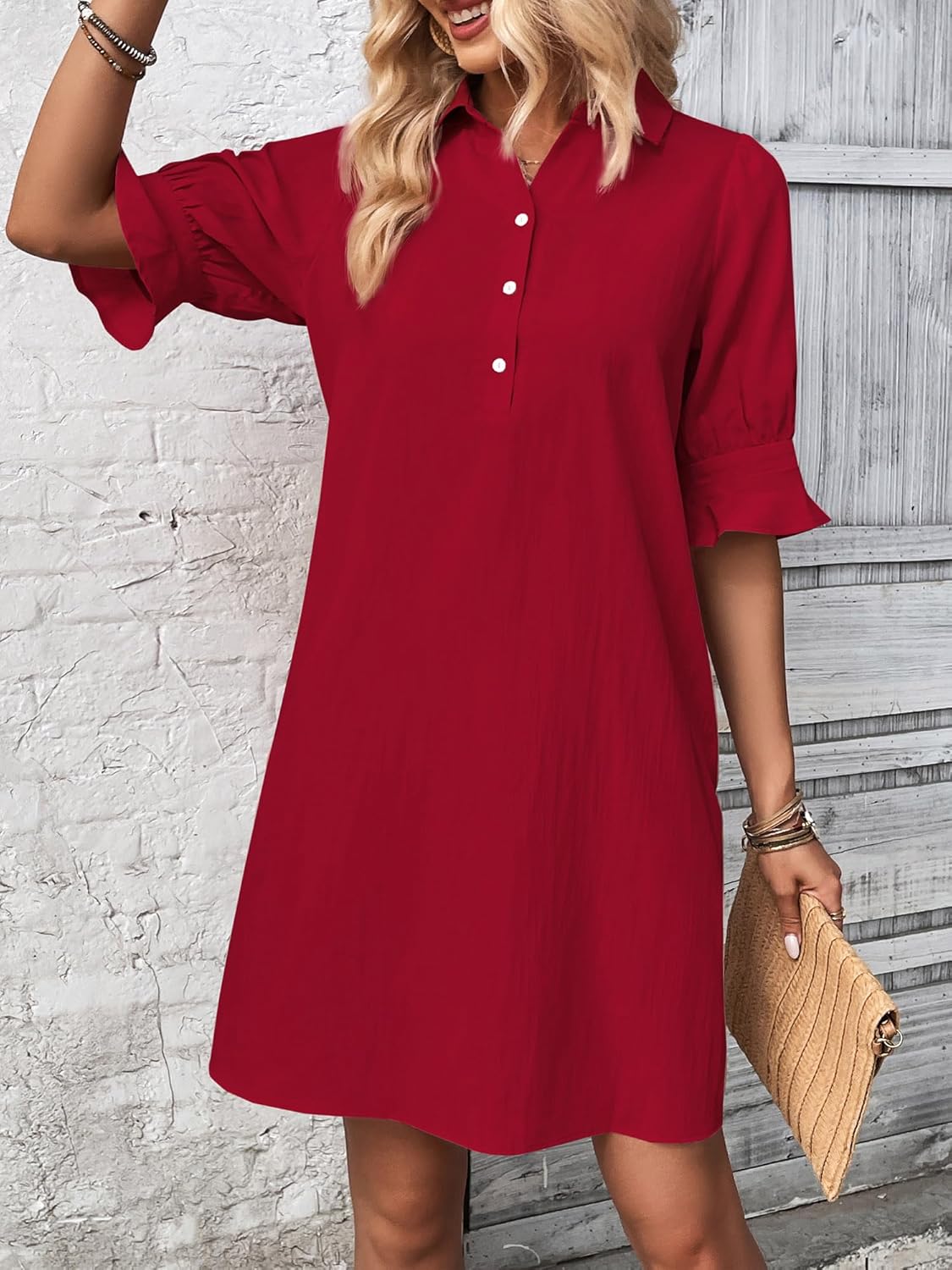 Women's Casual Ruffle Sleeve Button Down Shirt Dress(Buy 2 Free Shipping)