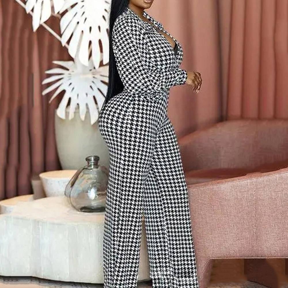 Full Length Office Lady Houndstooth High Waist Women's Jumpsuit