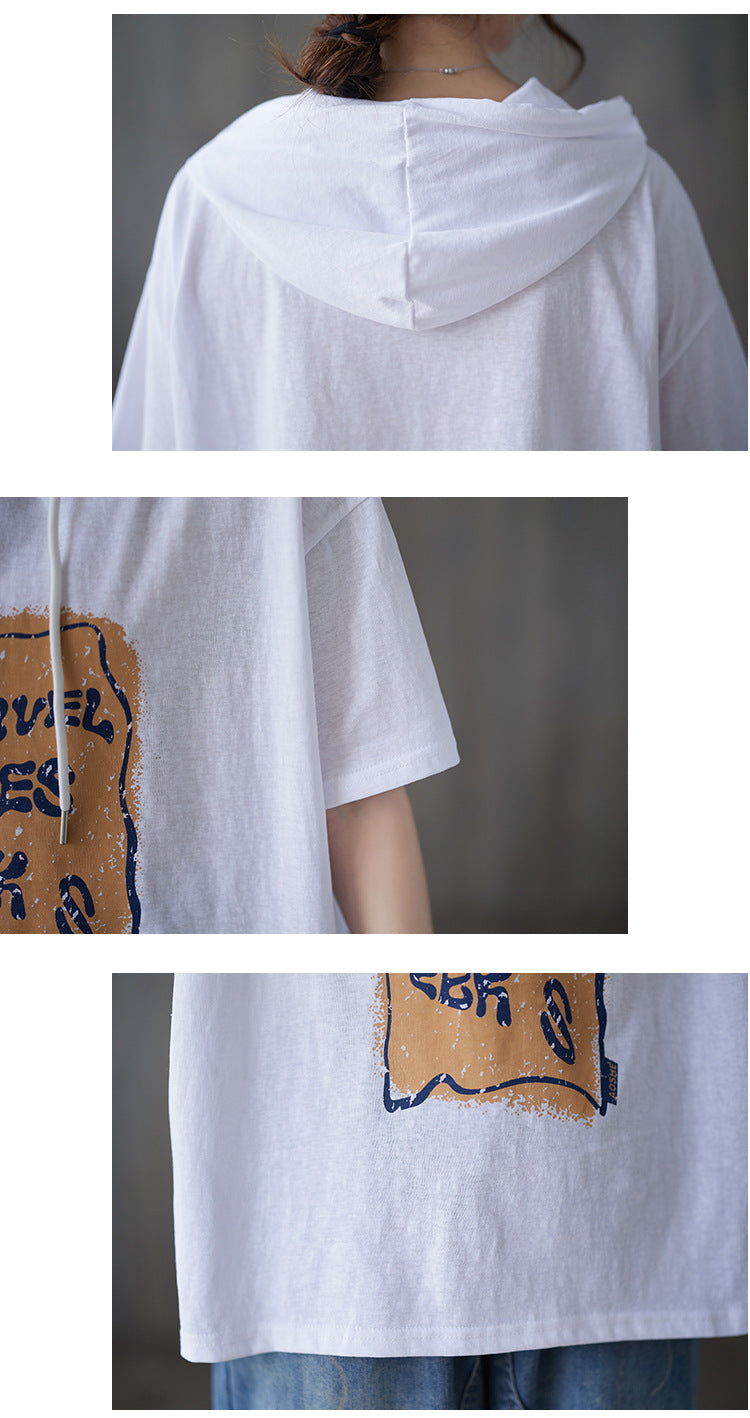 Casual Printed Hooded Short Sleeve T-shirt