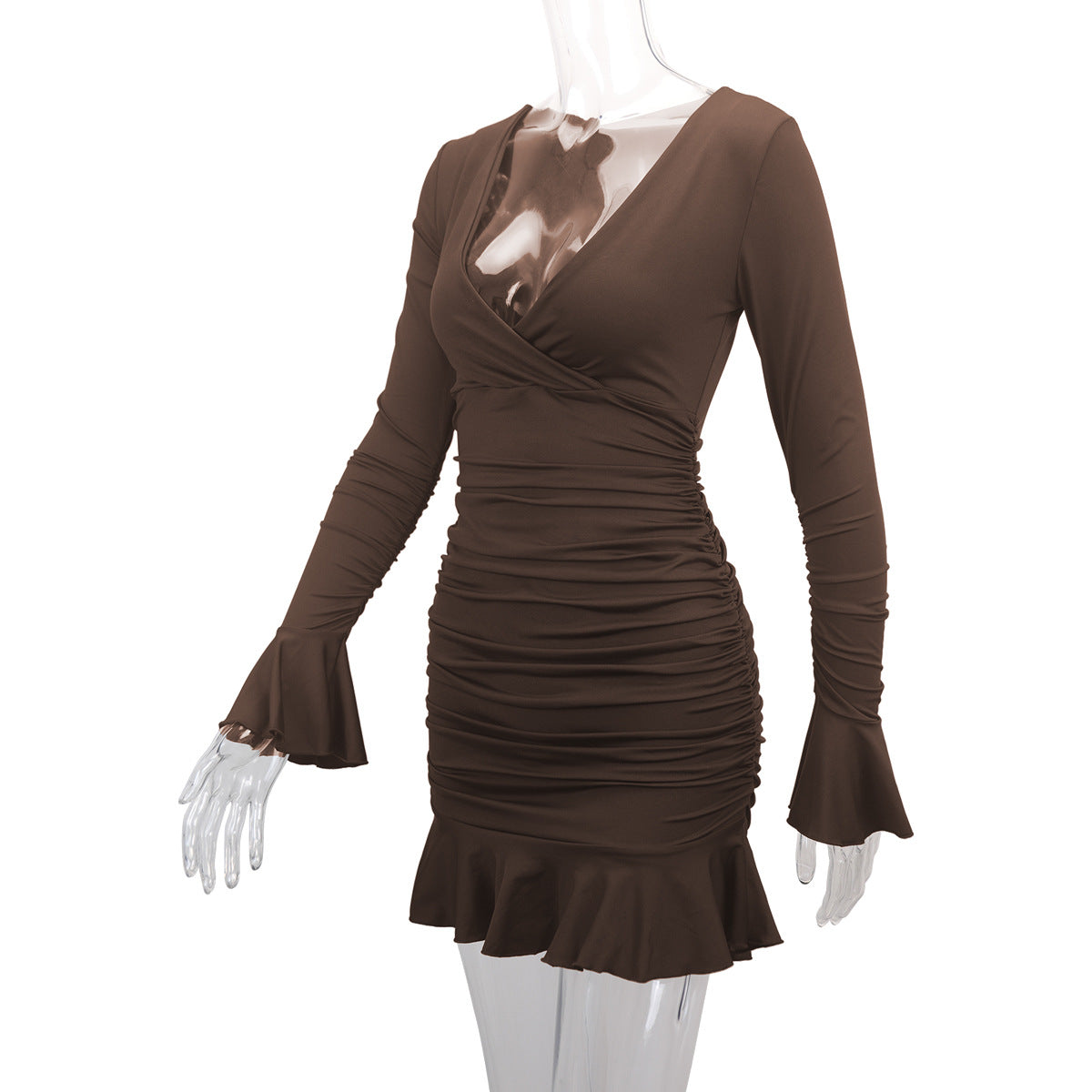 Sexy dress deep V-neck ruffle pleated bodycon women dresses