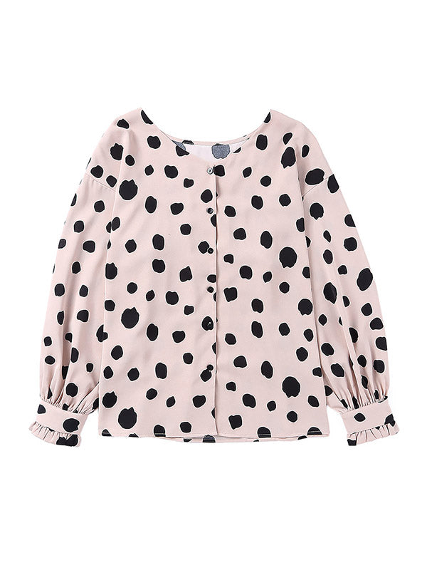 Long Sleeves Loose Buttoned Pleated Polka-Dot V-Neck Blouses&Shirts Tops
