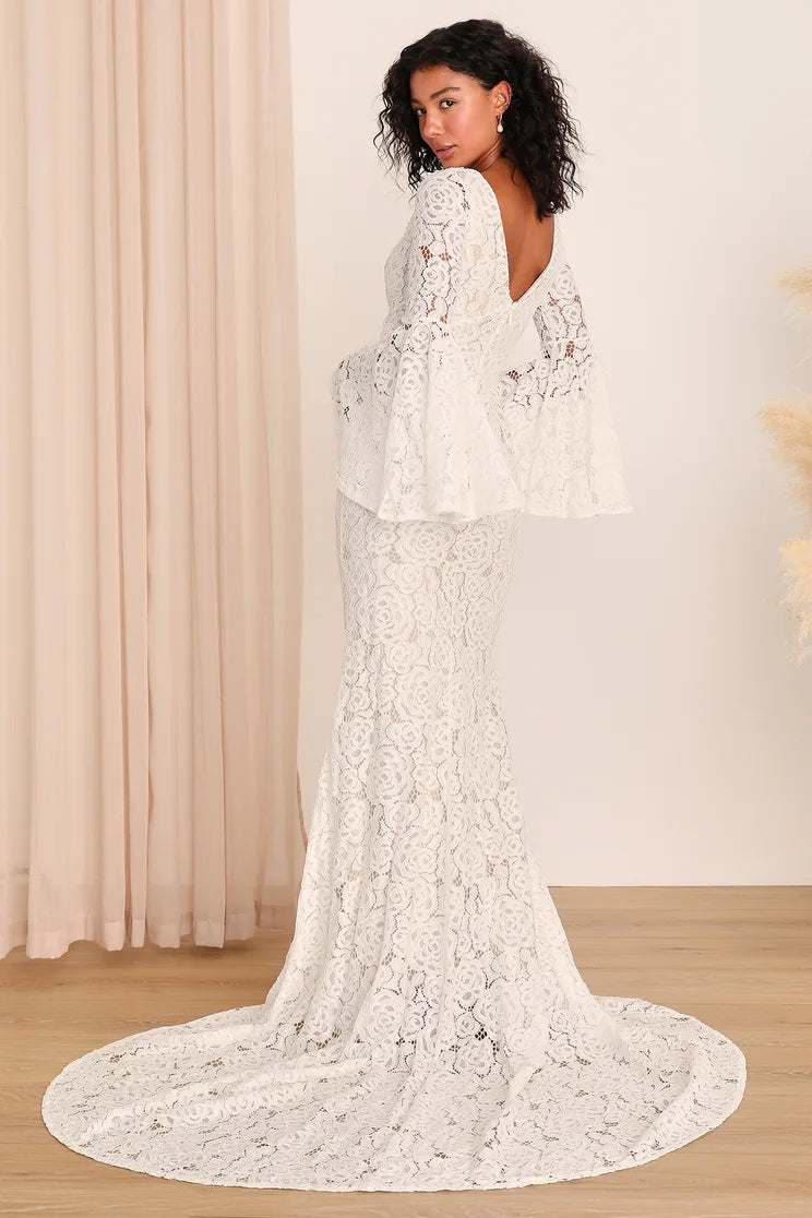 Lovely Ivory Lace Maxi Dress Long Sleeve Bridal Dress
