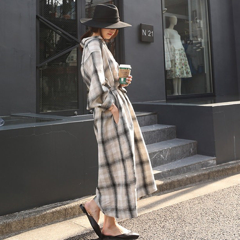 Loose Plaid Long Sleeve Lapel Maxi Dress