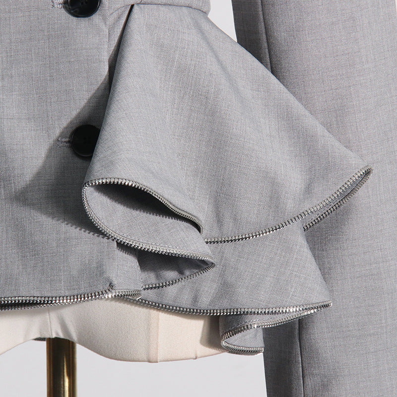 2024 new high-grade ruffled stitching waist-tight suit collar women's jacket spring slimming short suit