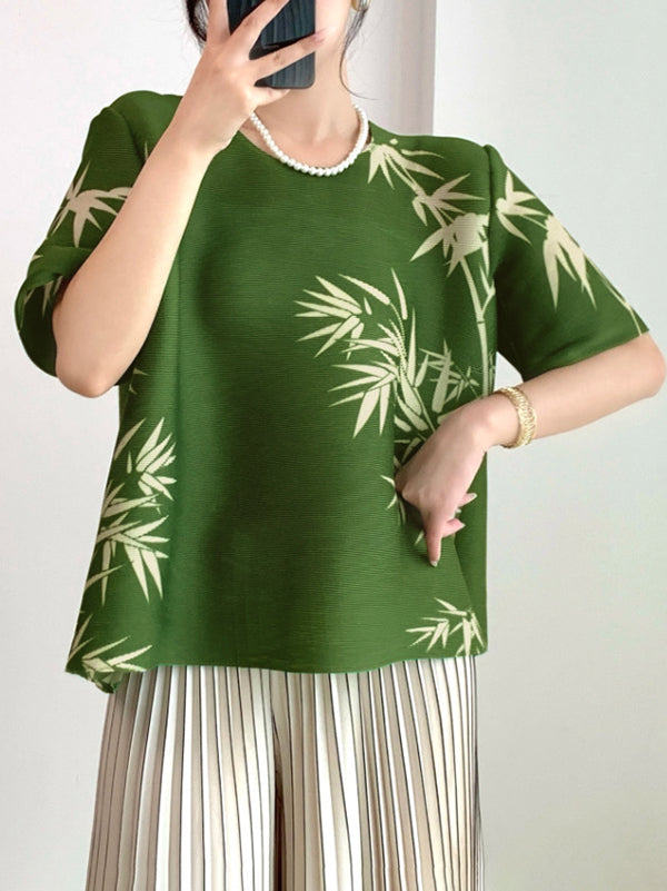A-Line Half Sleeves Pleated Printed Round-Neck T-Shirts Tops