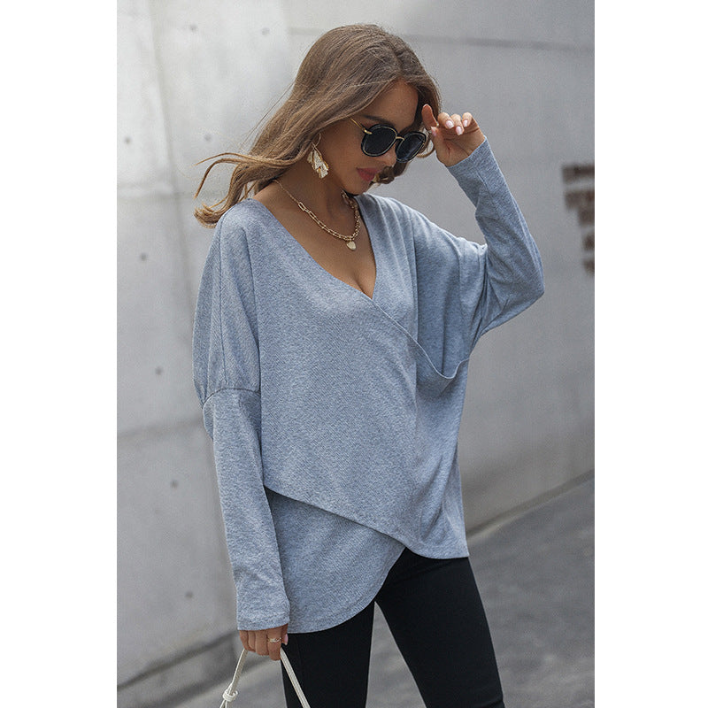 Solid Color Simple Warm Sexy V-Neck Cross Long-Sleeved Blouse