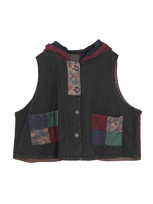 Artistic Retro Loose Denim Sleeveless Buttoned Contrast Color Hooded Vest Outerwear
