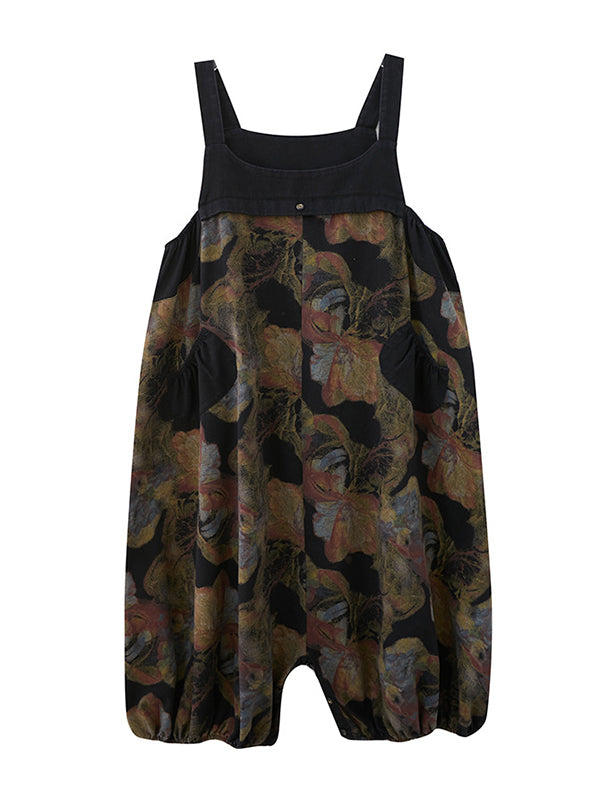 Artistic Retro Vintage Loose Floral Printed Square-Neck Sleeveless Overalls