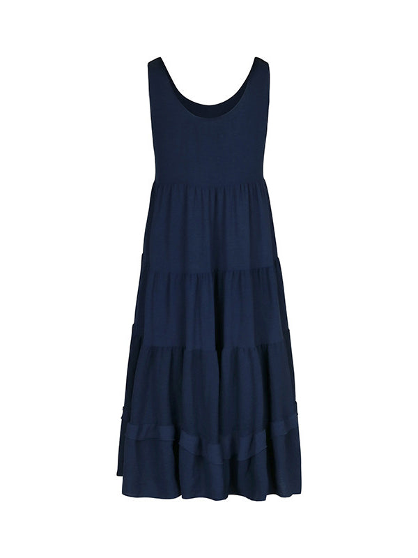 Loose Sleeveless Buttoned Solid Color Tiered Round-neck Midi Dresses