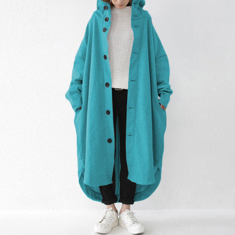 Loose Solid Color Buttoned Hooded Windbreaker Coat