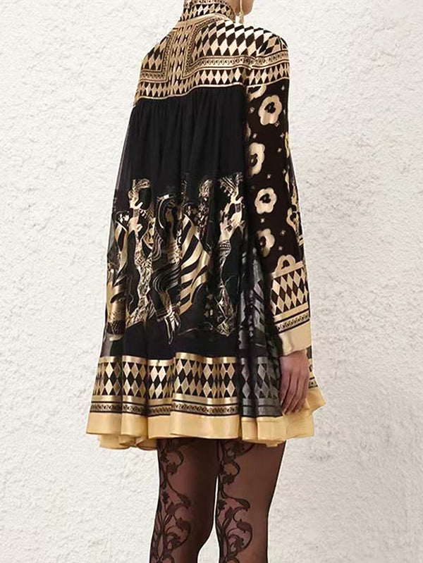 A-Line Long Sleeves Bronzing Printed Split-Joint Mock Neck Mini Dresses