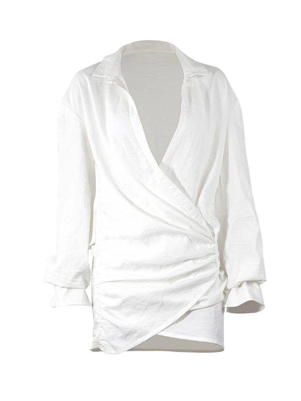 Bodycon Long Sleeves Pleated Solid Color Deep V-Neck Mini Dresses Shirt Dress