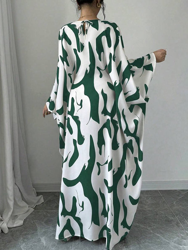 Batwing Sleeves Loose Contrast Color Printed Round-Neck Maxi Dresses
