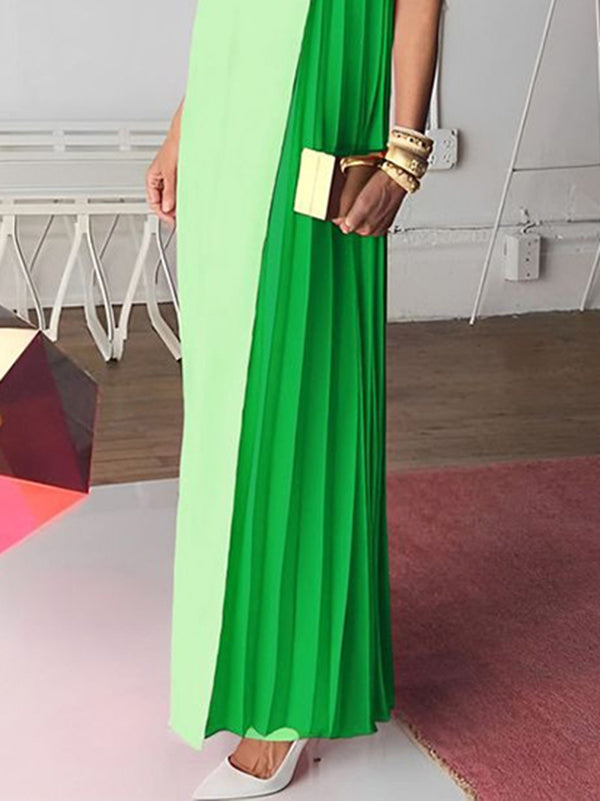 Loose Sleeveless Asymmetric Contrast Color Pleated Split-Joint Round-Neck Maxi Dresses