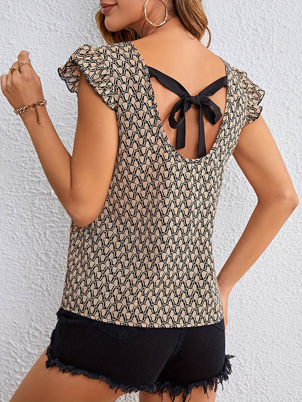 Loose Sleeveless Backless Printed Ruffle Trim Tied Round-Neck Blouses&Shirts Tops