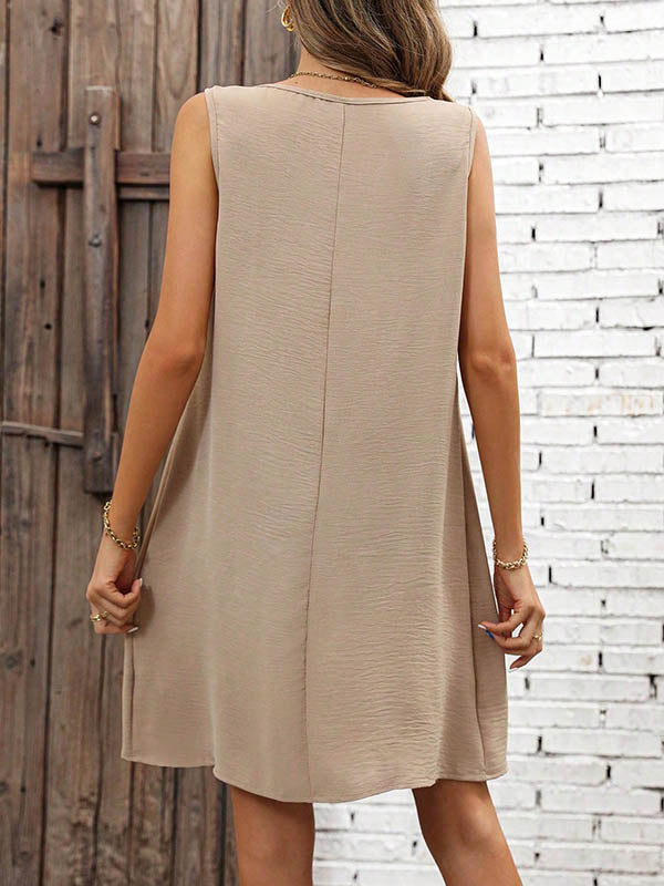 A-Line Loose Pleated Solid Color U-Neck Mini Dresses