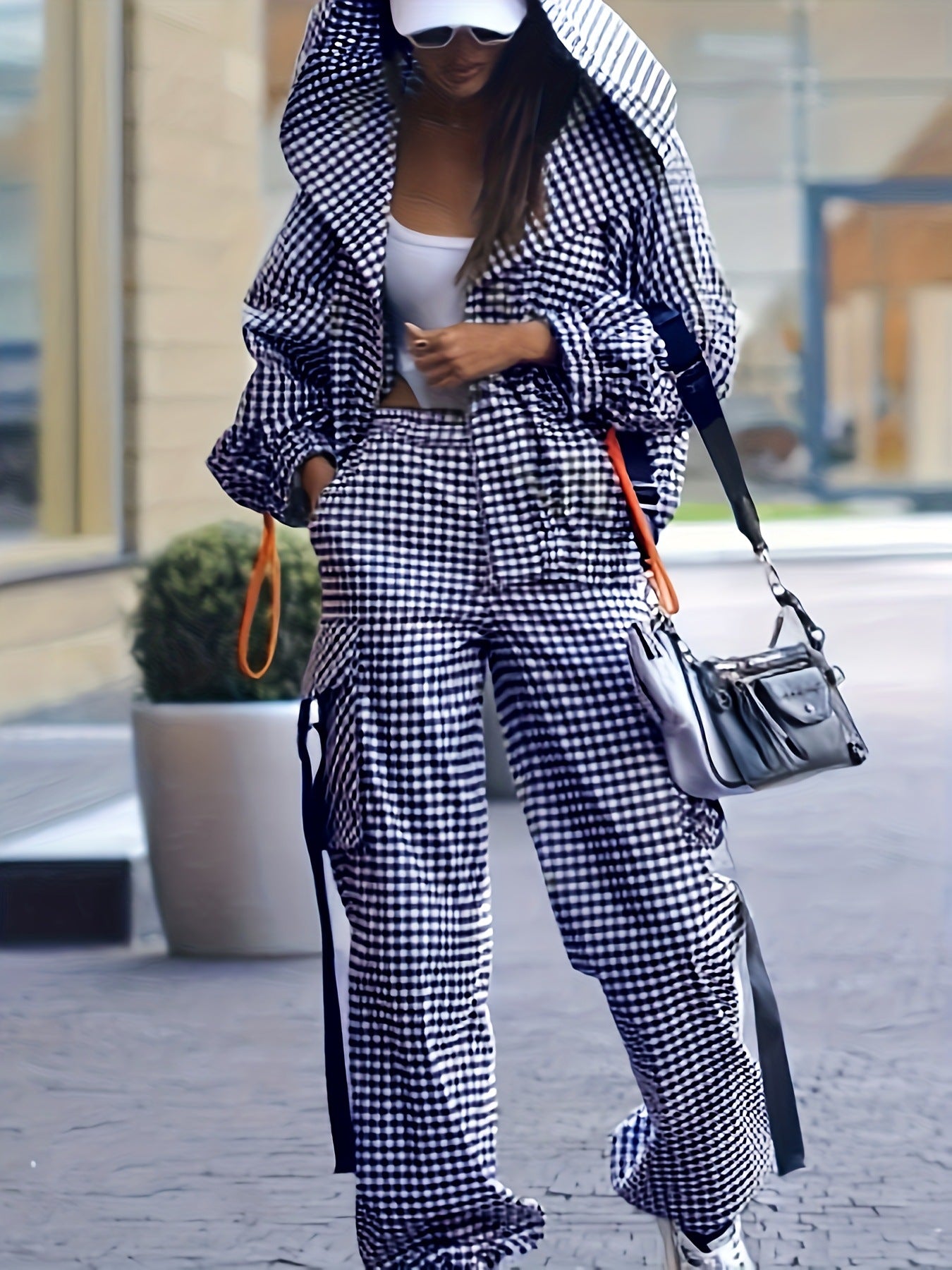 European and American 2025 Cross-Border Fashion Versatile Amazon Spring and Autumn Style Casual Plaid Pocket Hooded Loose Fit Stylish