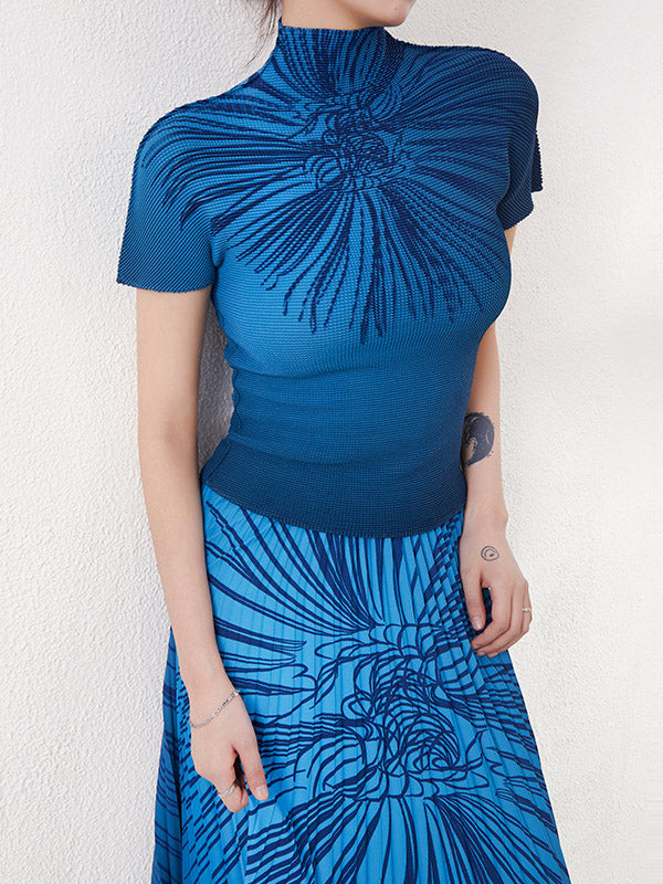 Short Sleeves Pleated Printed Mock Neck T-Shirts Tops
